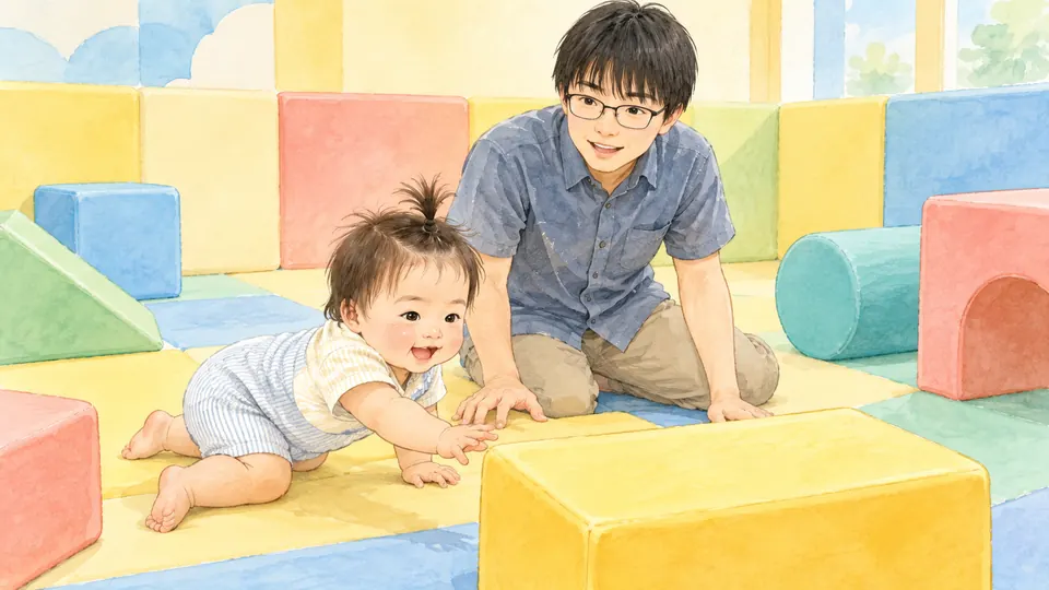 やわらかいブロックのある場所をハイハイする1歳児のイメージイラスト