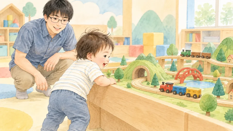 電車のジオラマに夢中になる2歳児と父親のイメージイラスト