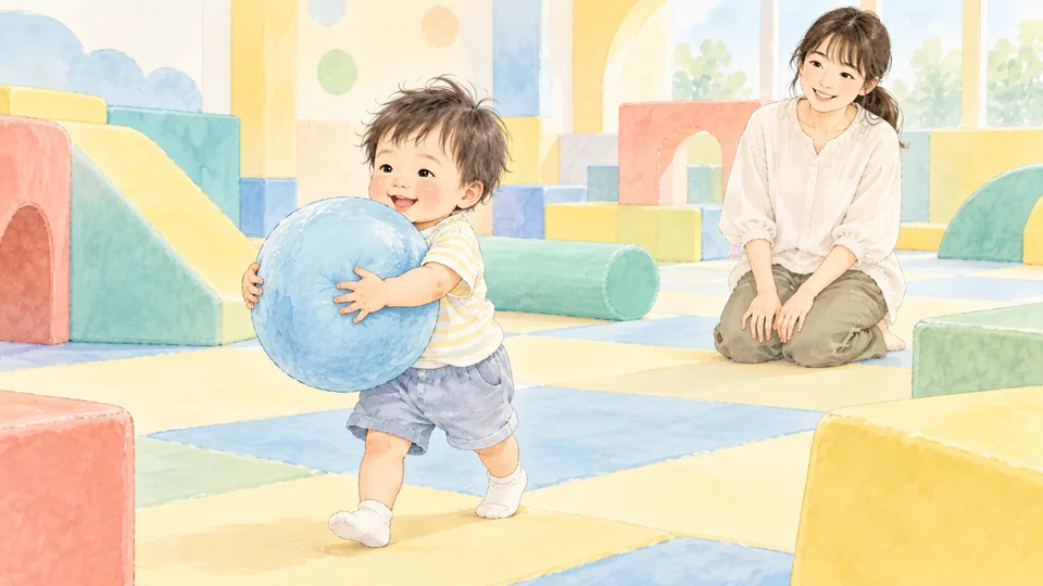大きな柔らかいボールを胸に抱えて歩く2歳児のイメージイラスト