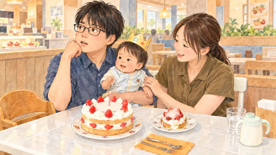 誕生日用のケーキと写真撮影を待つ家族のイメージイラスト