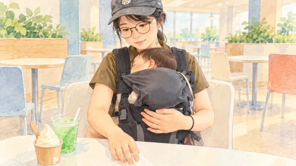 抱っこひもで昼寝する1歳児とカフェで休憩する母親のイメージイラスト