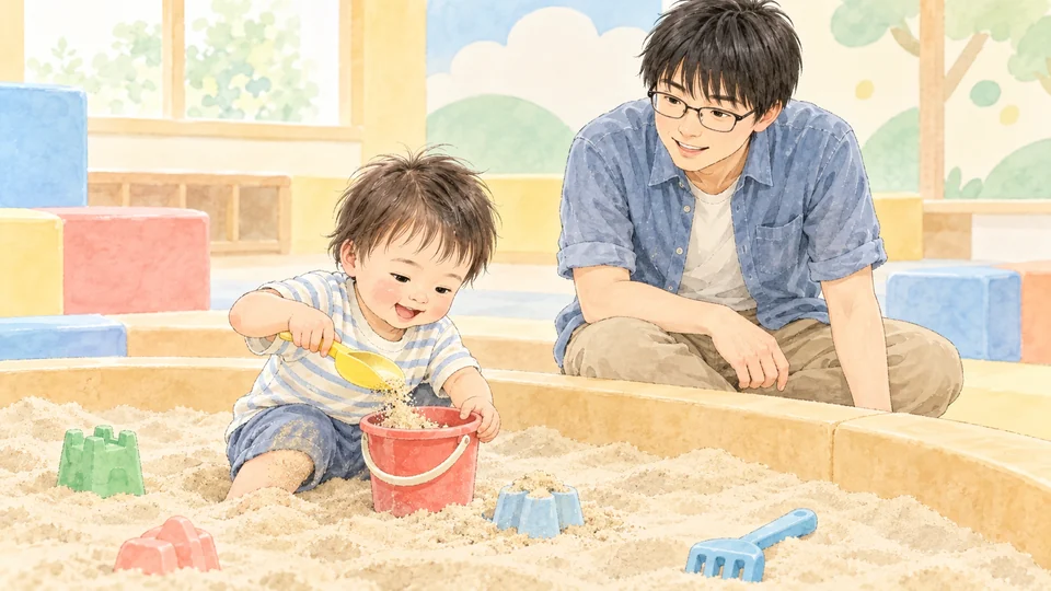 砂場のおもちゃに砂を入れて遊ぶ2歳児と父親のイメージイラスト