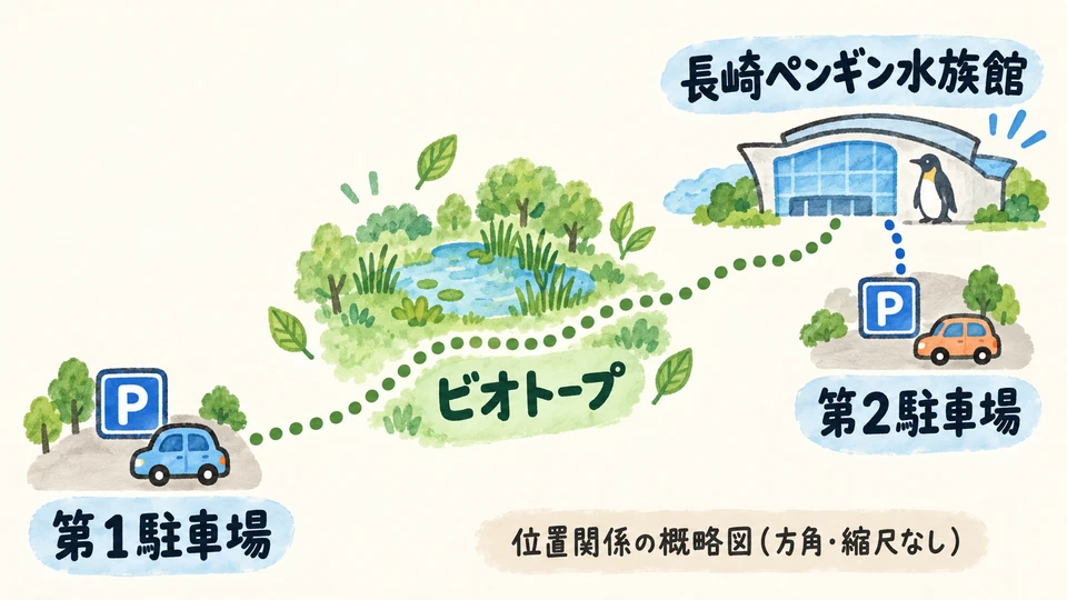 第1駐車場からビオトープを通って長崎ペンギン水族館へ向かい、第2駐車場は水族館に近いことを示す概略図