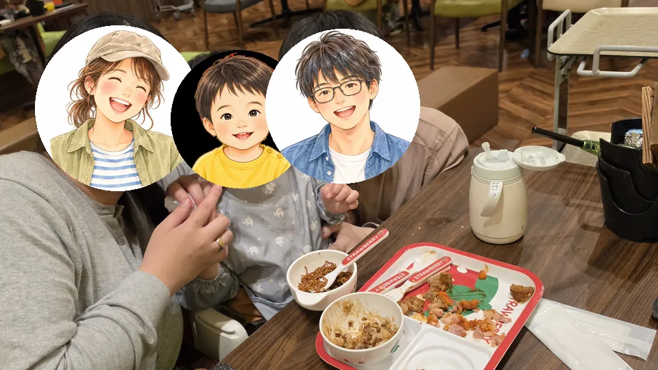 雲仙東洋館の食事会場で撮ってもらった家族3人の写真