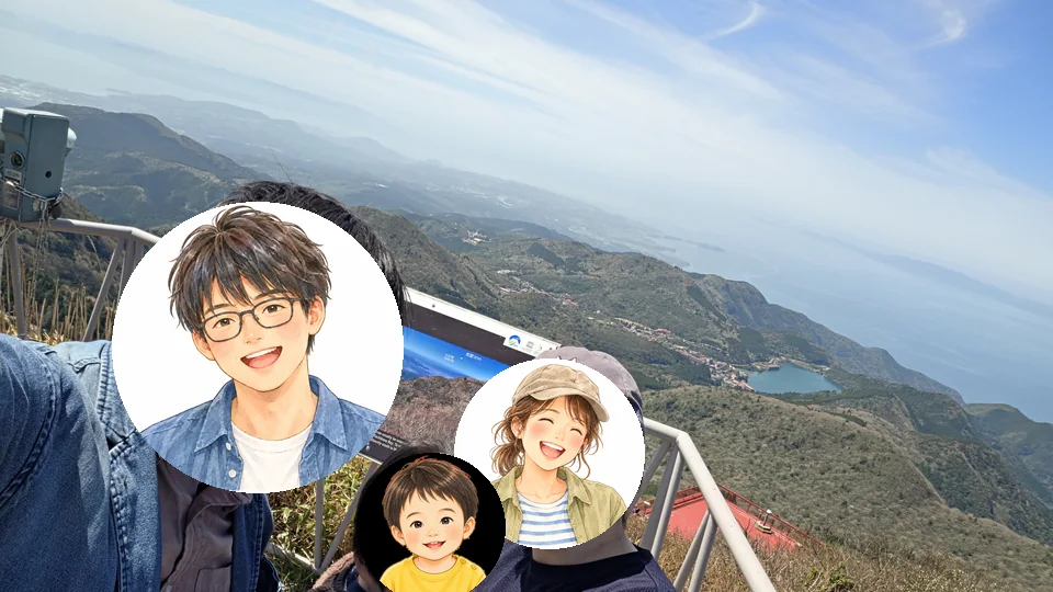 雲仙ロープウェイで上った先から山並みを望む家族3人