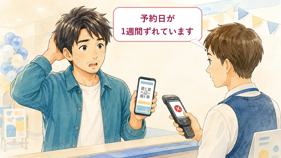 パパが受付でスマートフォンのQRを見せ、係員から予約日が1週間ずれていると伝えられる場面のイメージ